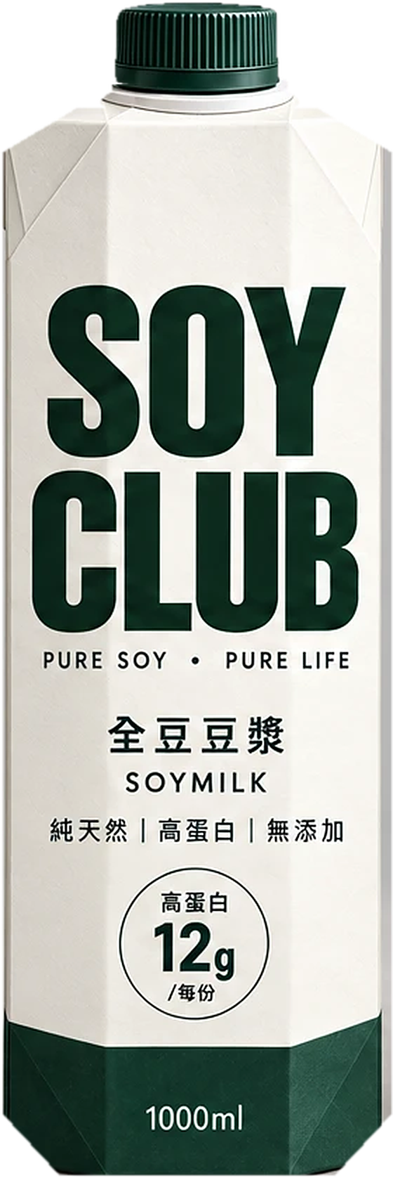 SOYCLUB 全豆豆漿 1000ml 紙盒正面:純天然、高蛋白、無添加,每份高蛋白 12g