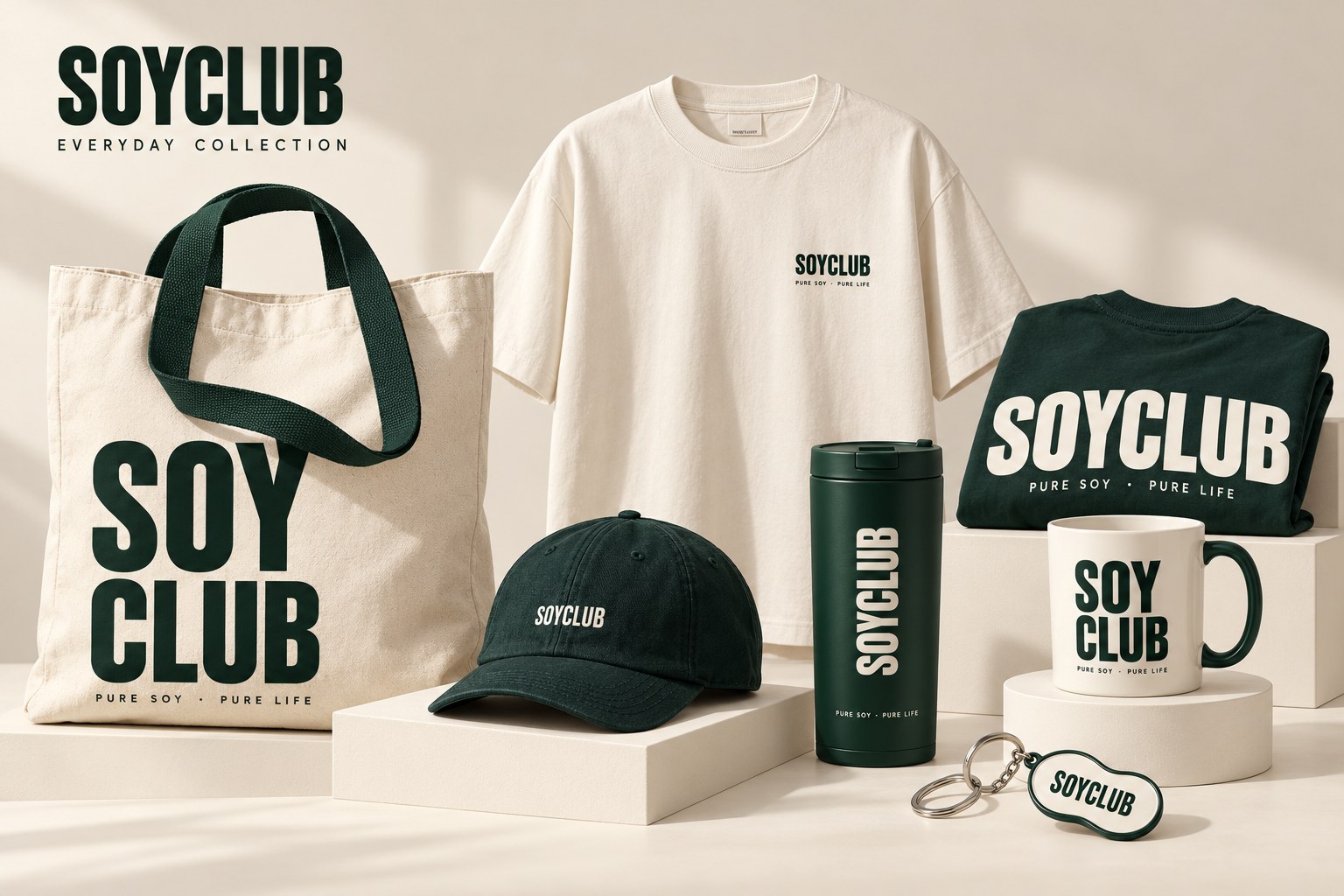 SOYCLUB Everyday Collection 周邊系列概念圖：帆布袋、T-shirt、棒球帽、隨行杯、早餐杯與豆形鑰匙圈